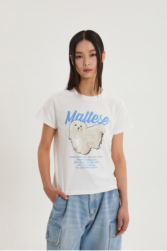WAIKEI - Maltese illustration half Sleeve T-shirt WHITE