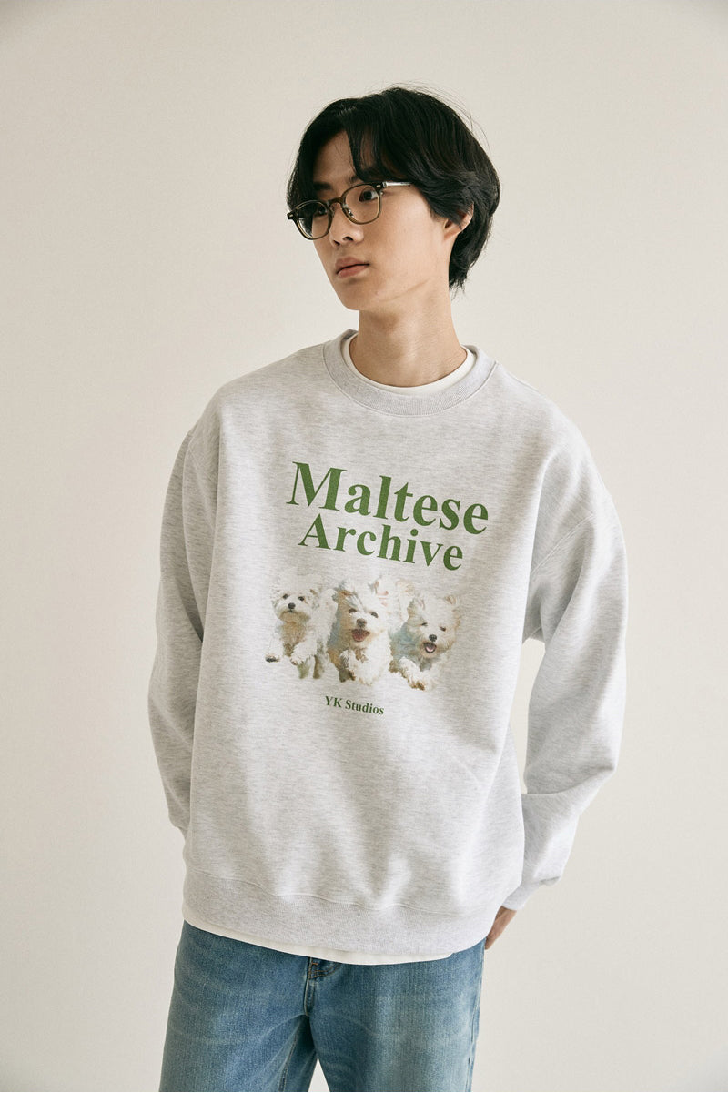 WAIKEI Maltese Archives Man to Man Melange White T-Shirt | Koriah