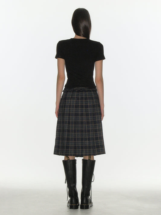 CRANK - CHECK FRILL PLEATS MIDI SKIRT_NAVY