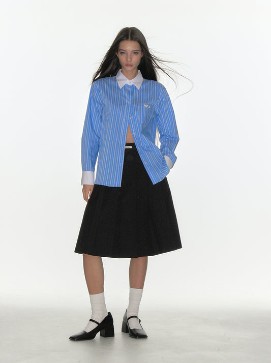 CRANK - FRILL PLEATS MIDI SKIRT_DARK NAVY