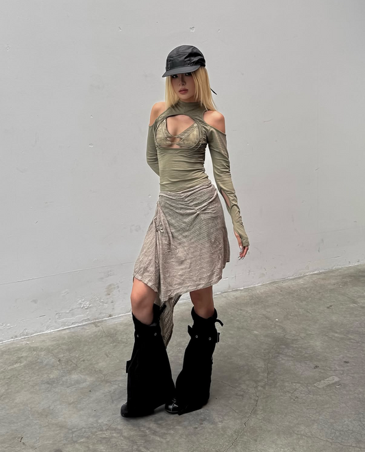 Sagittarius.A+ - Swirling Cut-out Long Sleeve Khaki (Dispatch in 48hrs)