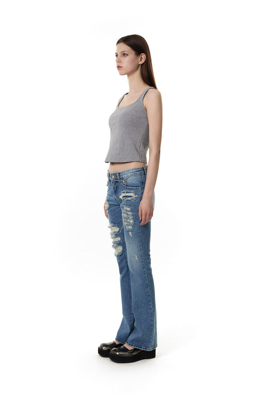 CERRIC - DESTROYED BOOT CUT JEANS / BLUE
