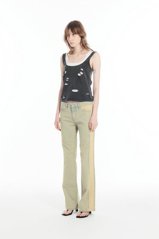 CERRIC - CONTRAST BOOT CUT PANTS / SAND INDIGO