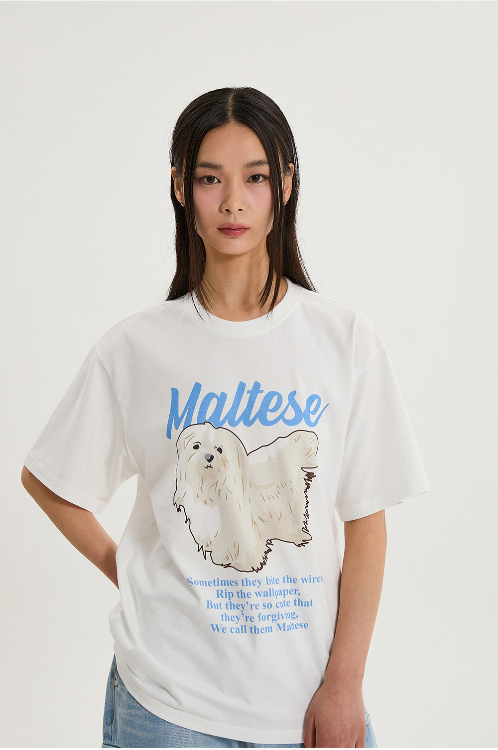 WAIKEI -  Maltese illustration half Sleeve T-shirt WHITE