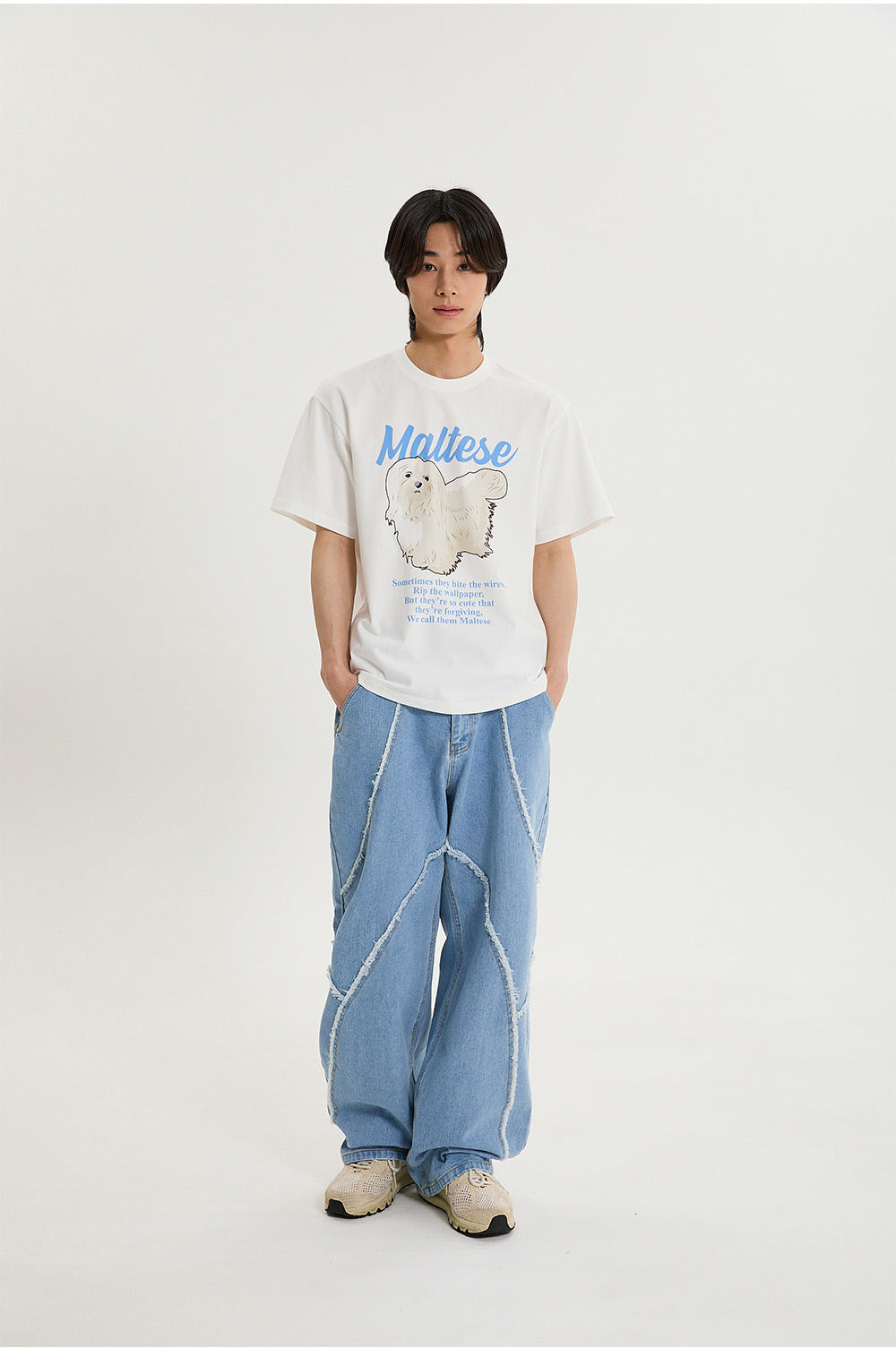 WAIKEI -  Maltese illustration half Sleeve T-shirt WHITE