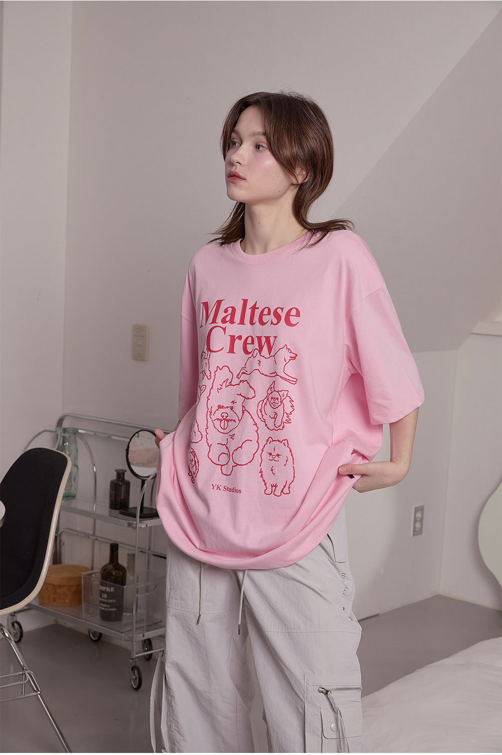 WAIKEI -  Maltese crew line graphic half sleeve T-shirt PINK