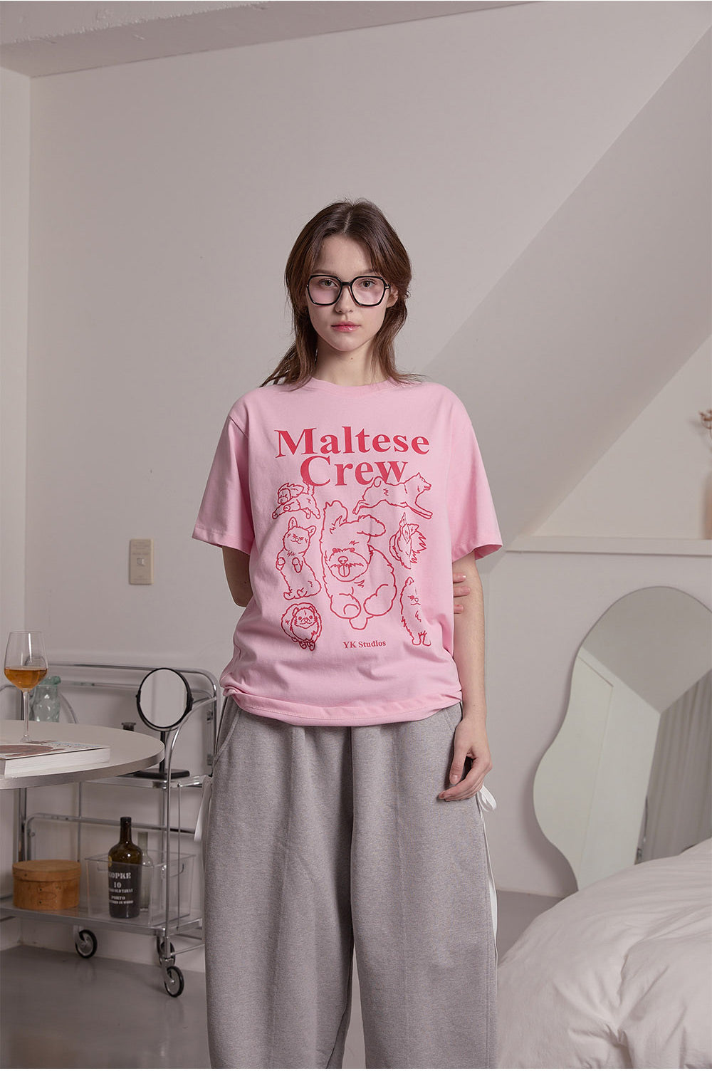 WAIKEI -  Maltese crew line graphic half sleeve T-shirt PINK