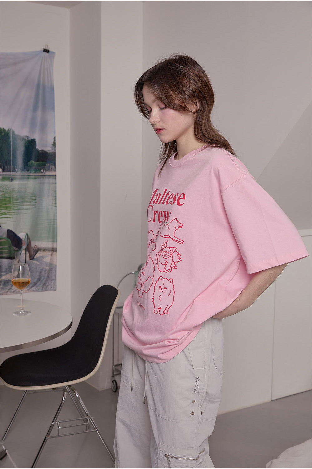 WAIKEI -  Maltese crew line graphic half sleeve T-shirt PINK