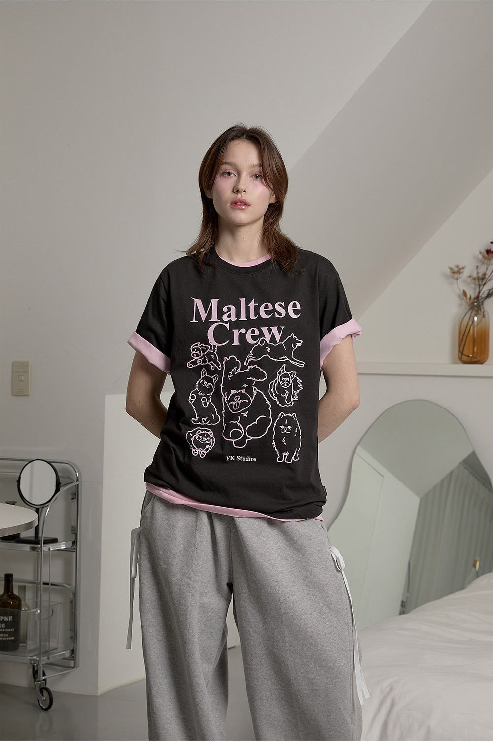 WAIKEI -  Maltese crew line graphic half sleeve T-shirt BLACK