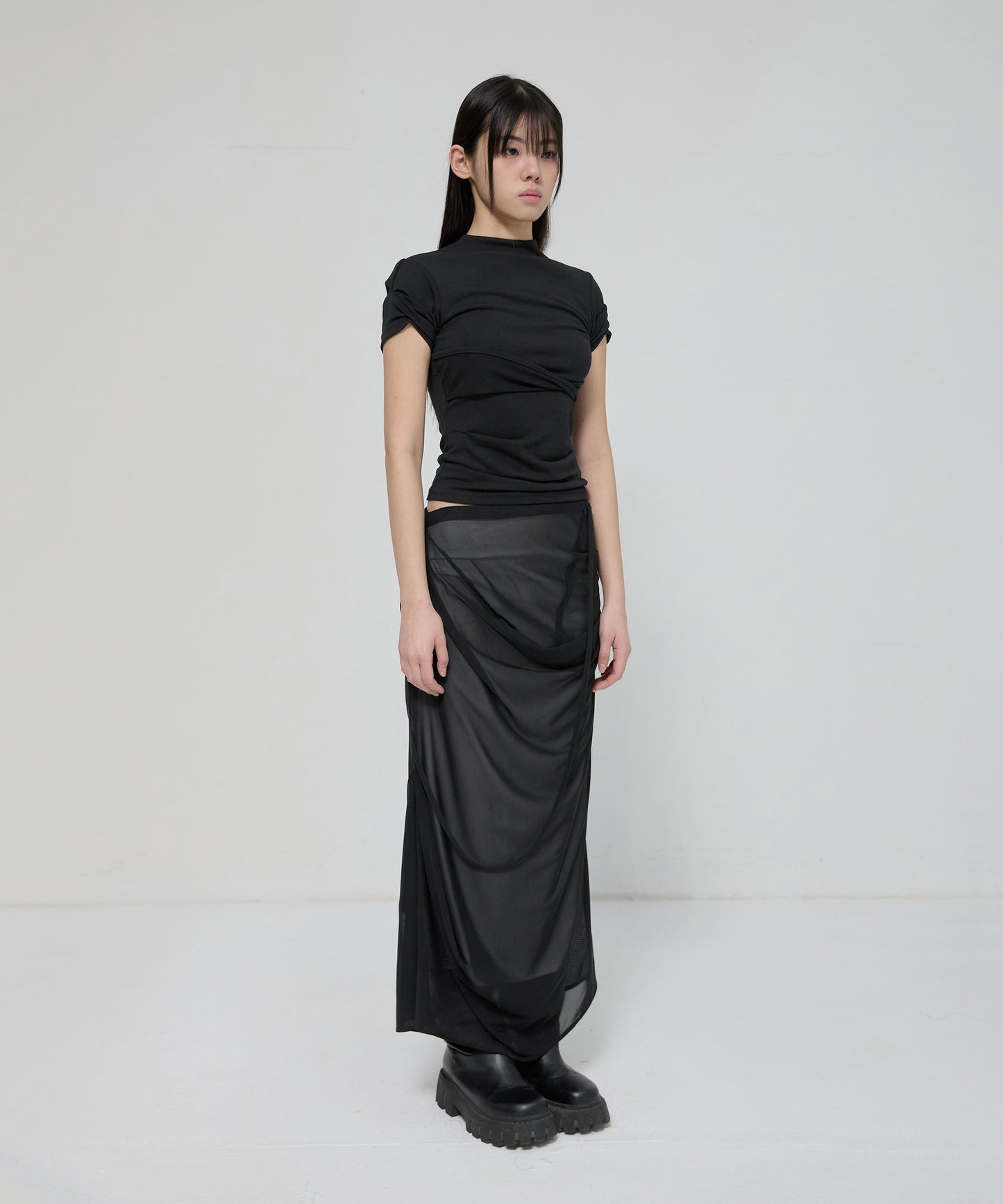 FLAREUP - Asymmetrical Draped Mock Neck T-Shirt / Black