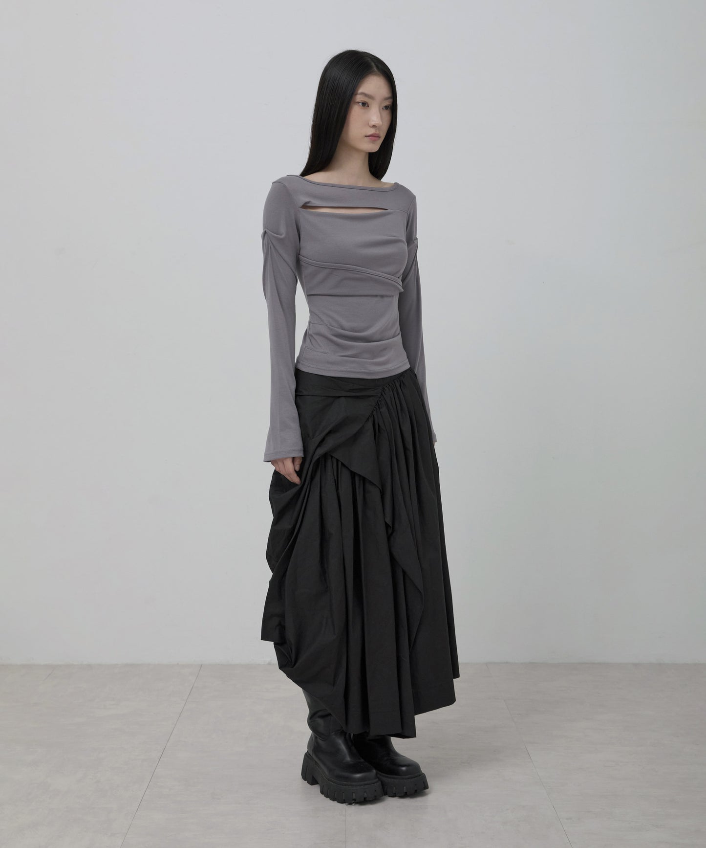 FLAREUP - Asymmetrical Draped Layered Long Skirt / Black