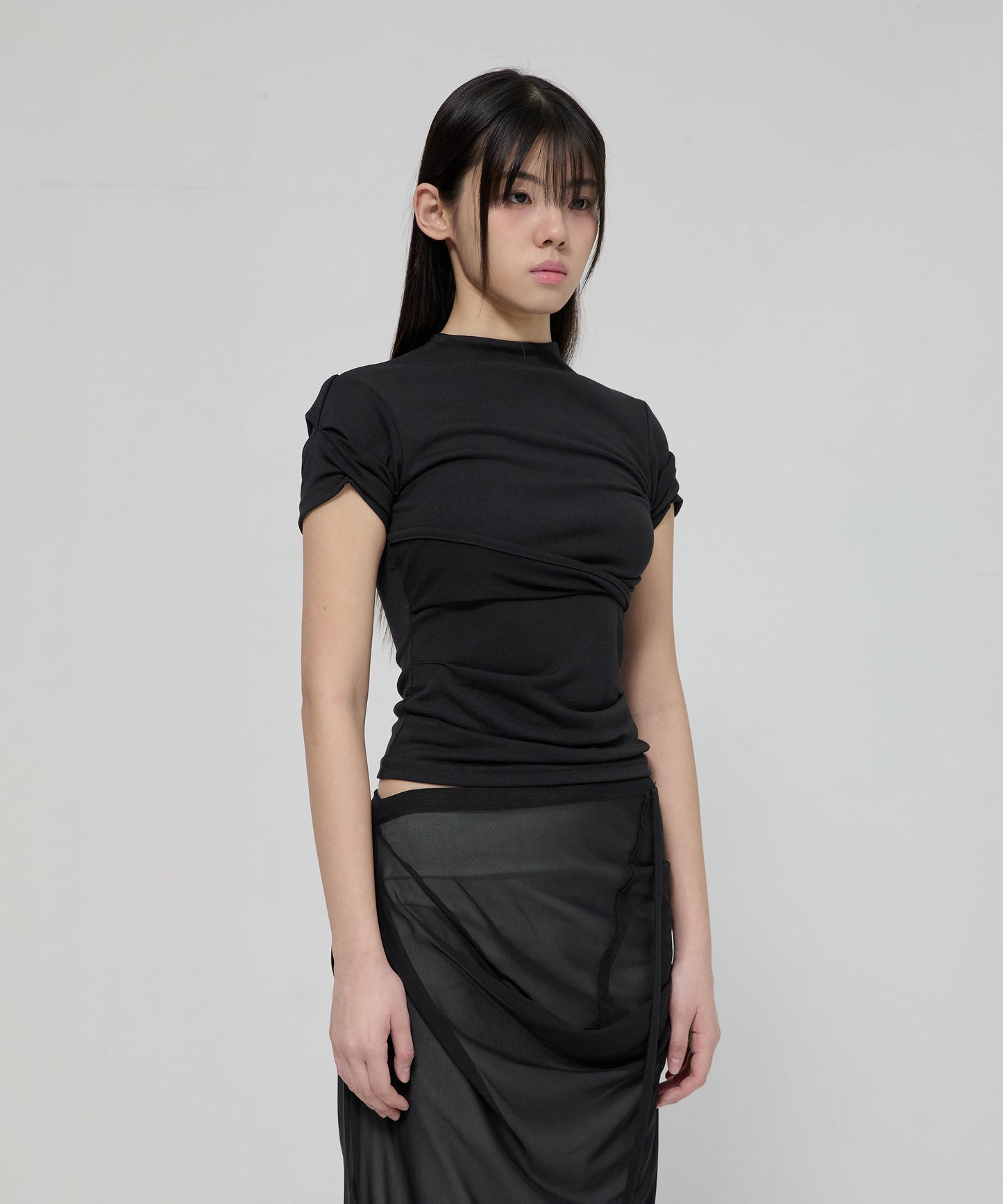FLAREUP - Asymmetrical Draped Mock Neck T-Shirt / Black