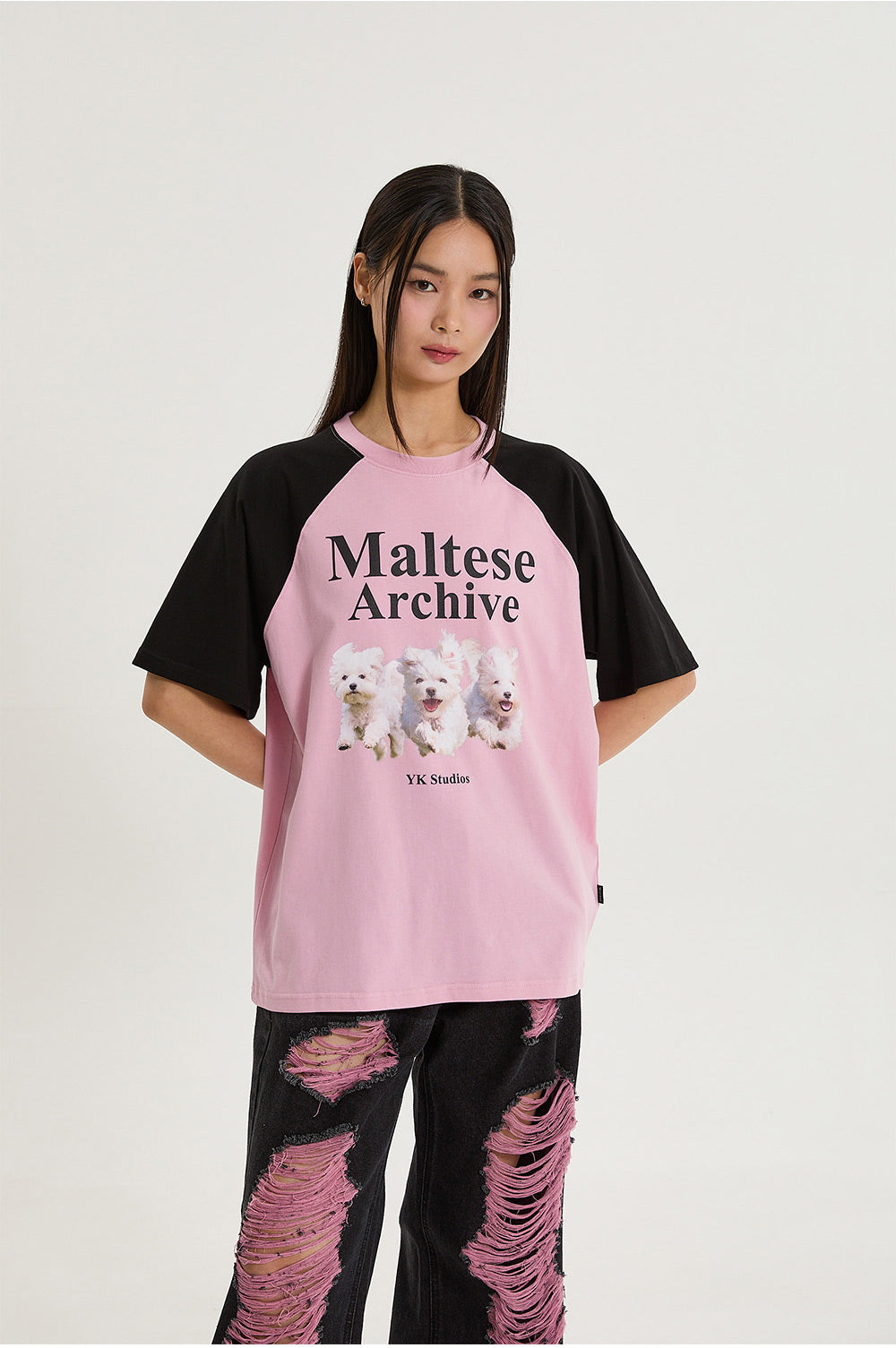 WAIKEI -  Maltese archive raglan half sleeve T-shirt BLACK PINK