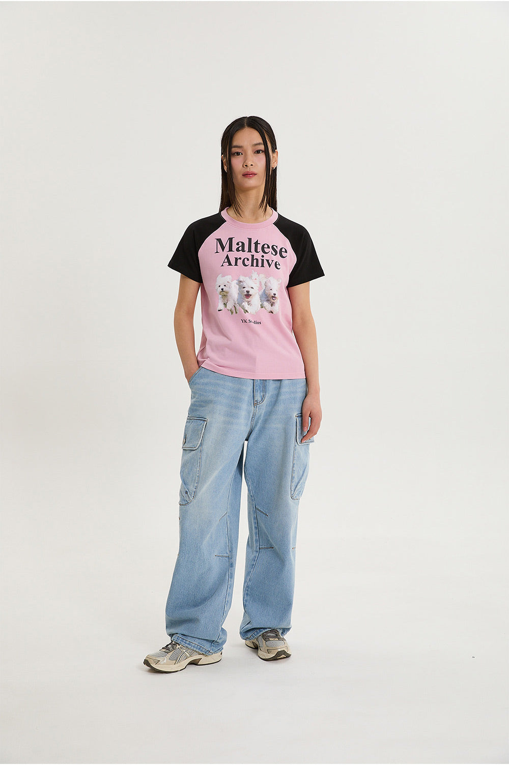 WAIKEI -  Maltese archive raglan half sleeve T-shirt BLACK PINK