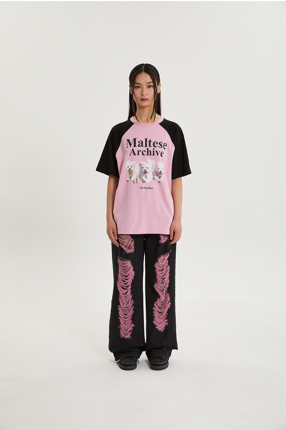 WAIKEI -  Maltese archive raglan half sleeve T-shirt BLACK PINK