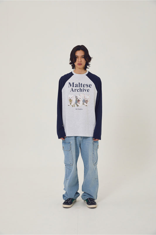 WAIKEI -  Maltese archive raglan long sleeve tshirts MELANGE WHITE