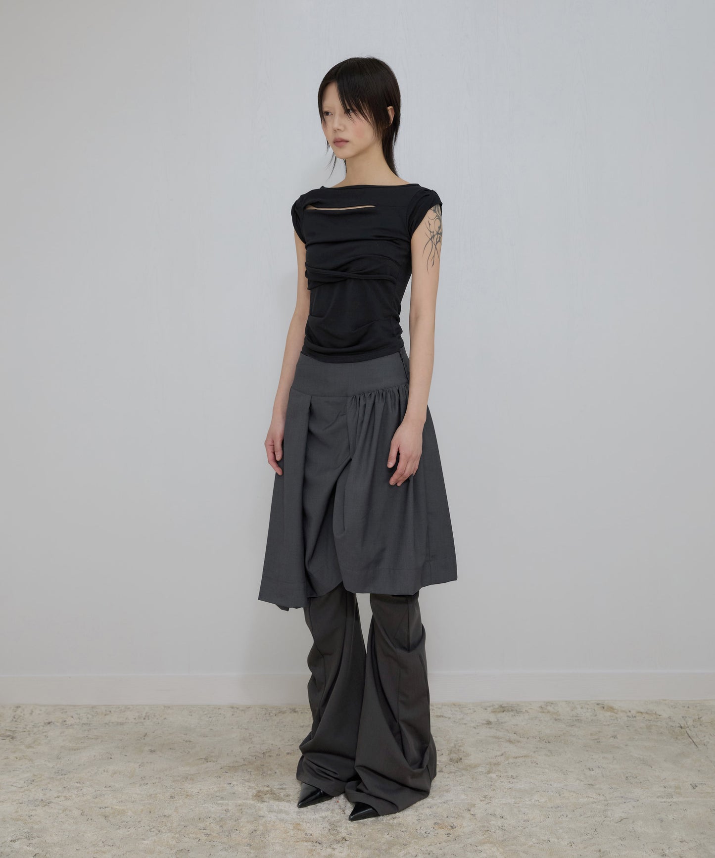 FLAREUP - Asymmetrical Draped Roll-Up T-Shirt / Black