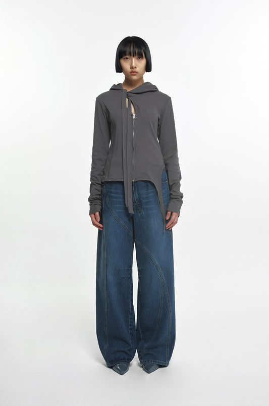 NACHE- SLIT TIE HOODIE ZIP-UP CHARCOAL