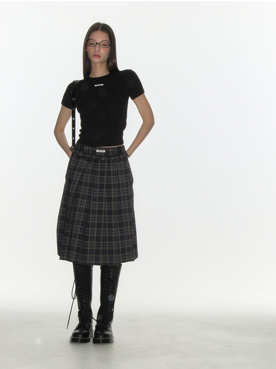 CRANK -  CHECK FRILL PLEATS MIDI SKIRT_NAVY