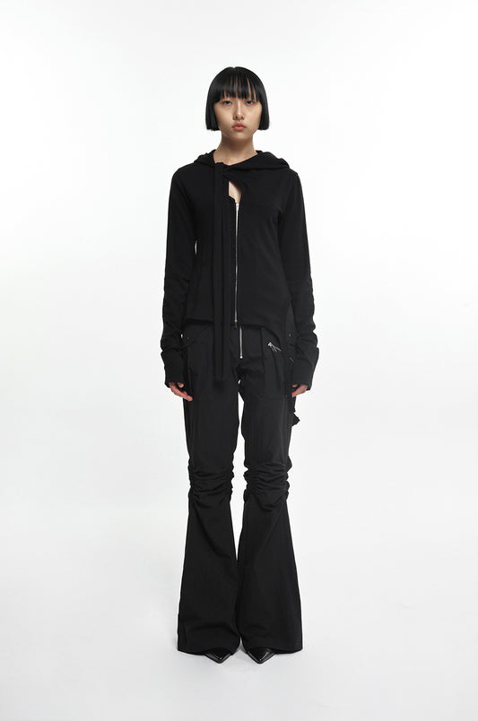 NACHE- SLIT TIE HOODIE ZIP-UP BLACK