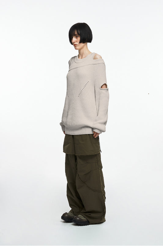 NACHE- ASYMMETRIC LAYERED KNIT (UNISEX) OATMEAL