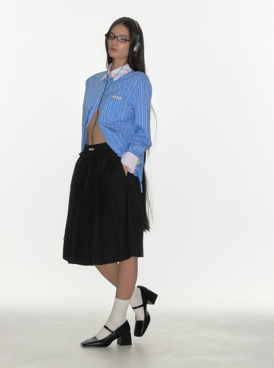 CRANK -  FRILL PLEATS MIDI SKIRT_DARK NAVY