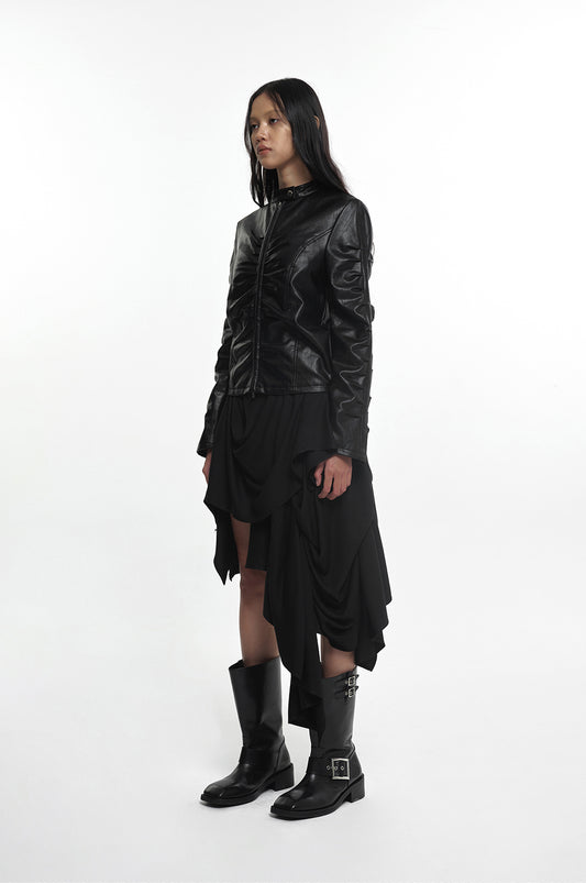 NACHE- SHIRRING LEATHER JACKET BLACK