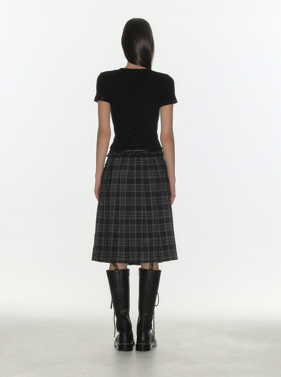 CRANK -  CHECK FRILL PLEATS MIDI SKIRT_NAVY