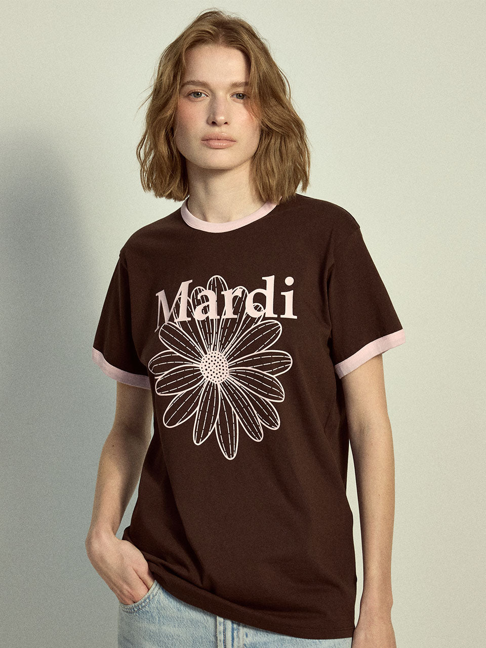 MARDI MERCREDI - SLIM RINGER TSHIRT FLOWERMARDI_BROWN PALEPINK