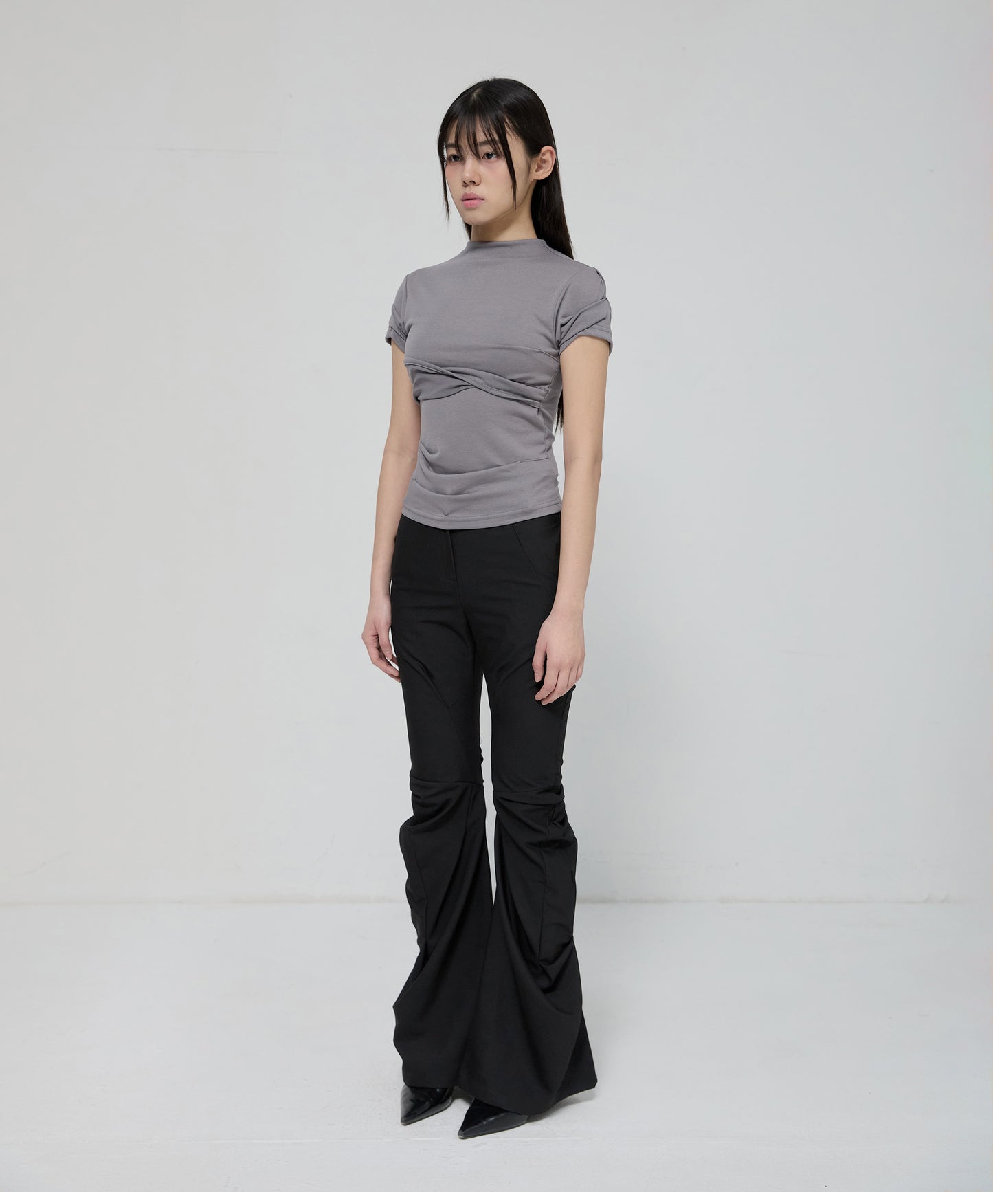 FLAREUP - Asymmetrical Draped Mock Neck T-Shirt / Gray