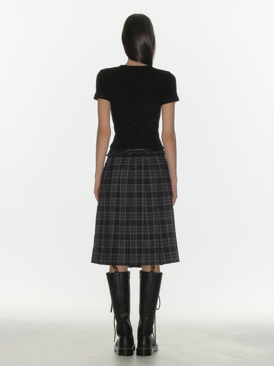 CRANK -  CHECK FRILL PLEATS MIDI SKIRT_NAVY