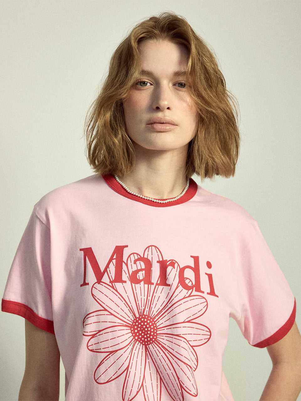 MARDI MERCREDI - SLIM RINGER TSHIRT FLOWERMARDI_LIGHTPINK RED