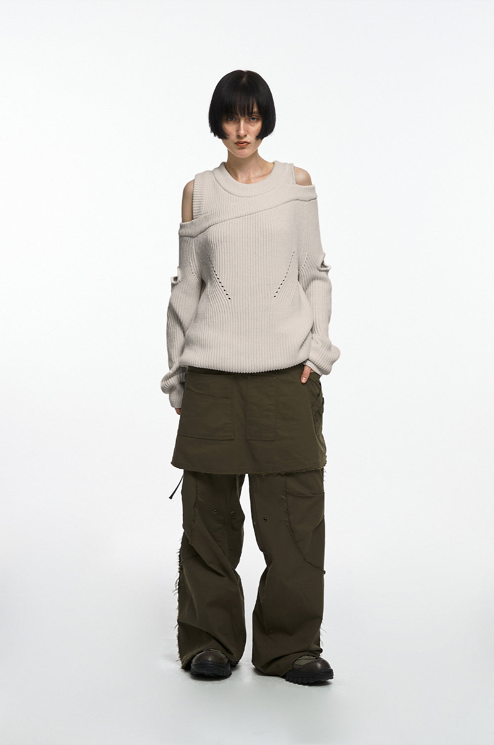 NACHE- ASYMMETRIC LAYERED KNIT (UNISEX) OATMEAL