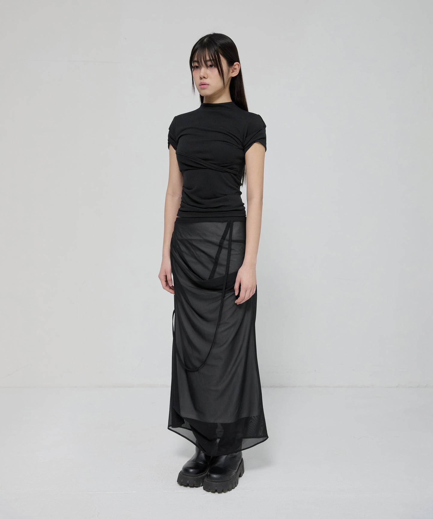 FLAREUP - Asymmetrical Draped Mock Neck T-Shirt / Black