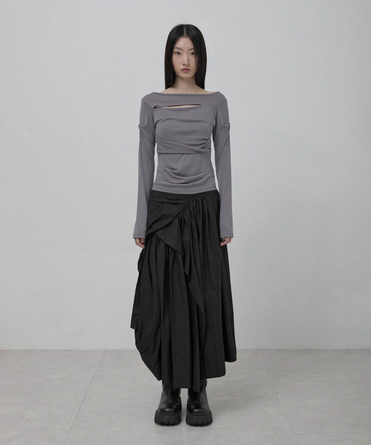 FLAREUP - Asymmetrical Draped Layered Long Skirt / Black