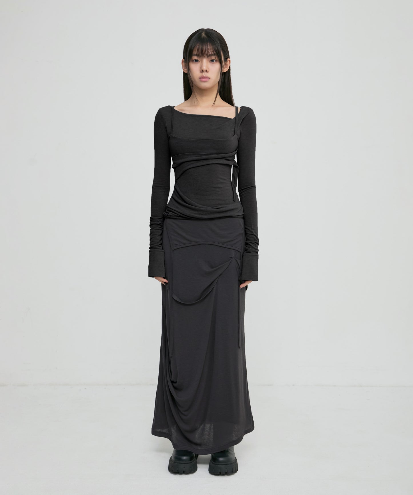 FLAREUP - Asymmetrical Draped Long Skirt / Black