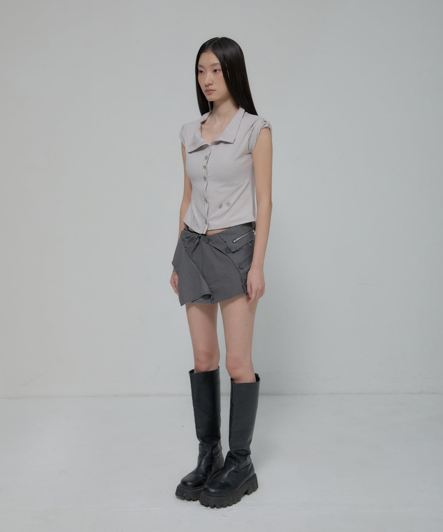 FLAREUP -  Asymmetrical Layered Mini Skirt  / Gray