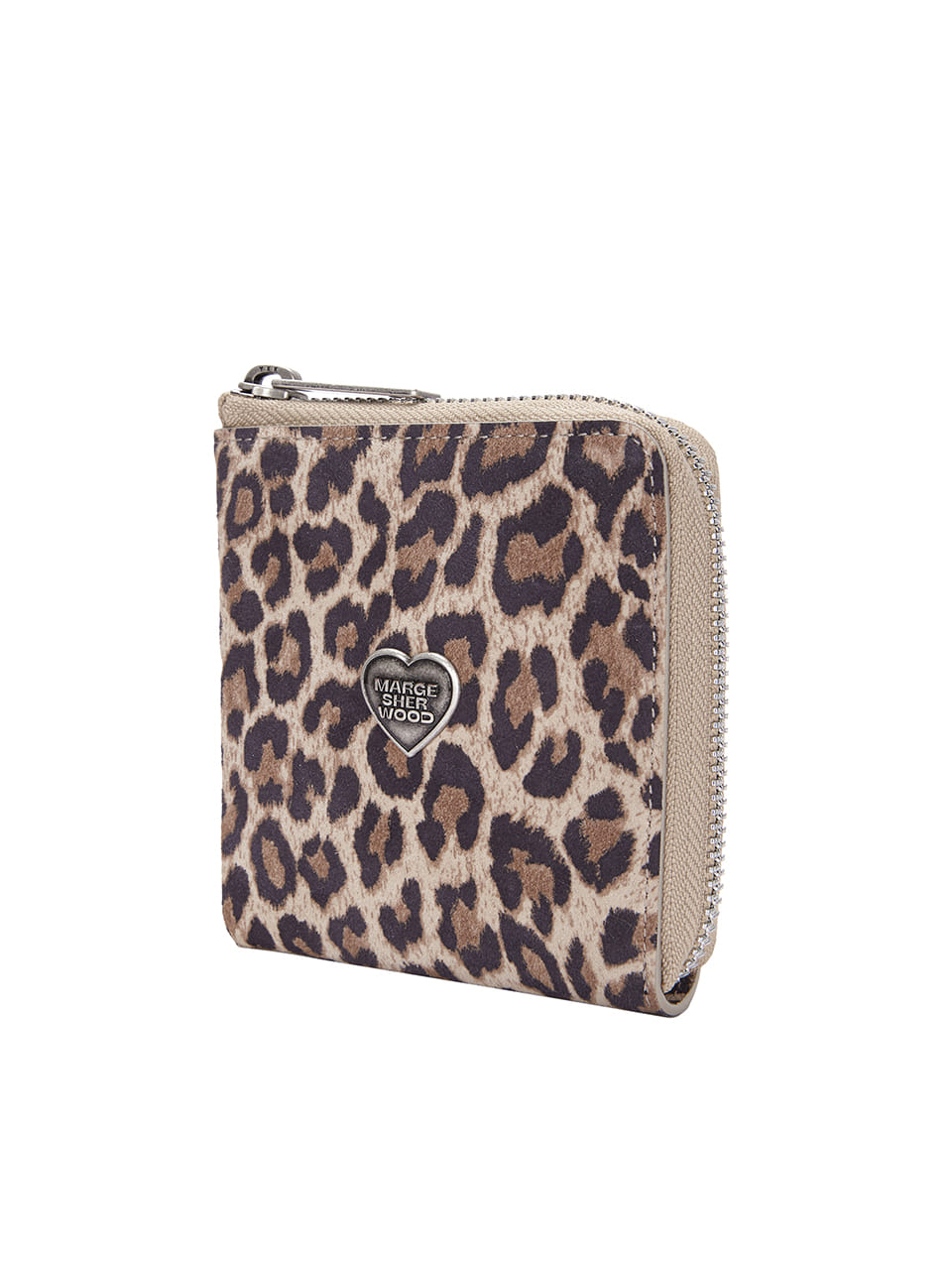 MARGESHERWOOD - HEART HALF ZIPPER WALLET_SILVER LOGO_cream leopard suede