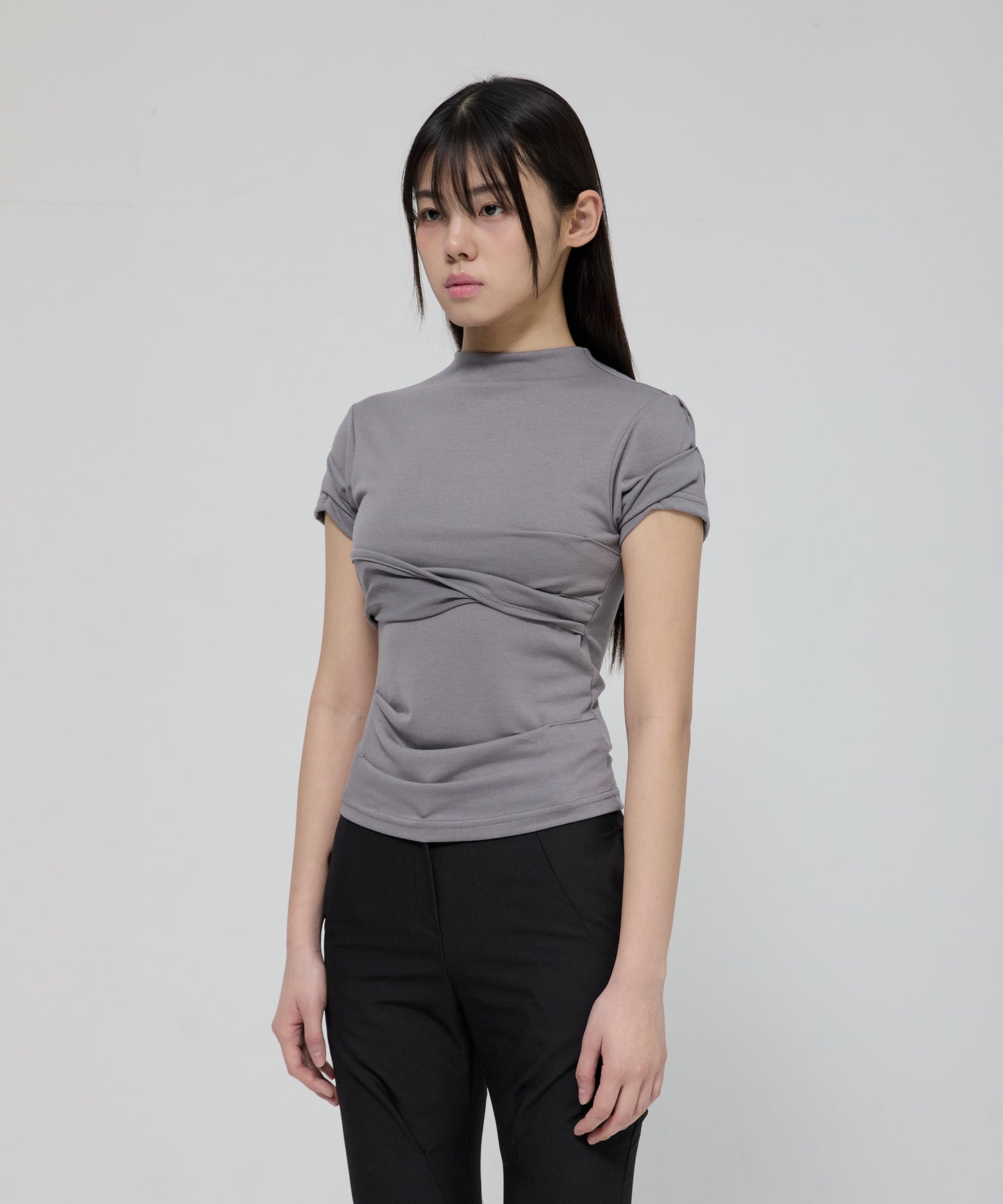FLAREUP - Asymmetrical Draped Mock Neck T-Shirt / Gray