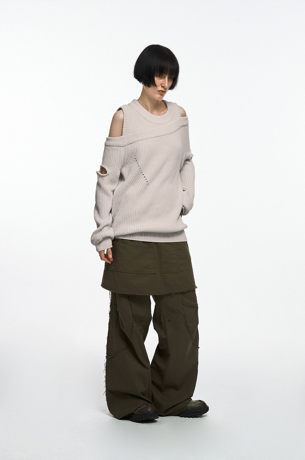 NACHE- ASYMMETRIC LAYERED KNIT (UNISEX) OATMEAL