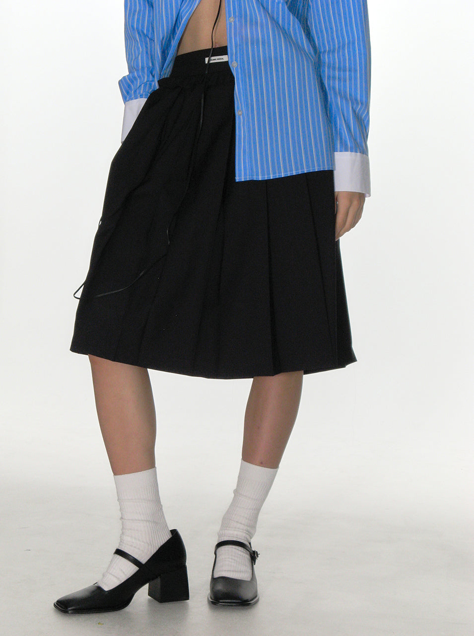 CRANK Frill Pleats Midi Skirt in Dark Navy: Elegant & Versatile