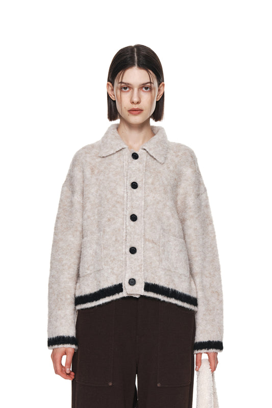 MATIN KIM -  MATIN DOWNY COLLAR KNIT CARDIGAN IN BEIGE