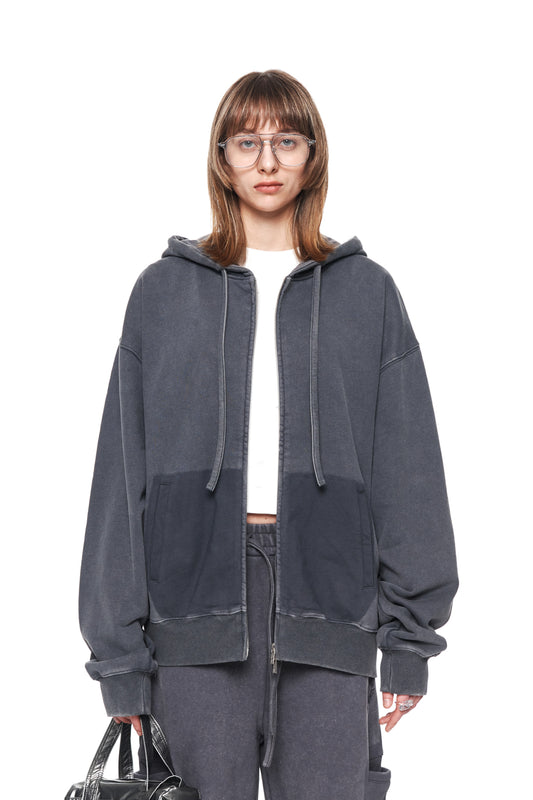 MATIN KIM -  PIGMENT DYING LOGO HOODY ZIP UP IN CHARCOAL