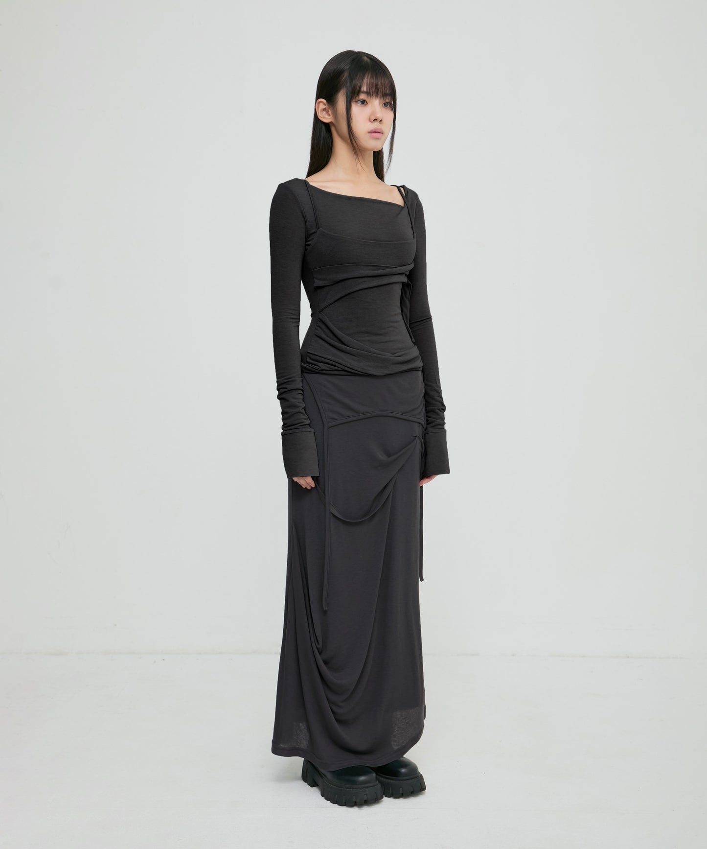 FLAREUP - Asymmetrical Draped Long Skirt / Black