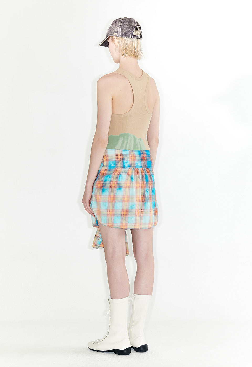 OPEN YY -  FADED CHECK SHIRT SKIRT, BLUE