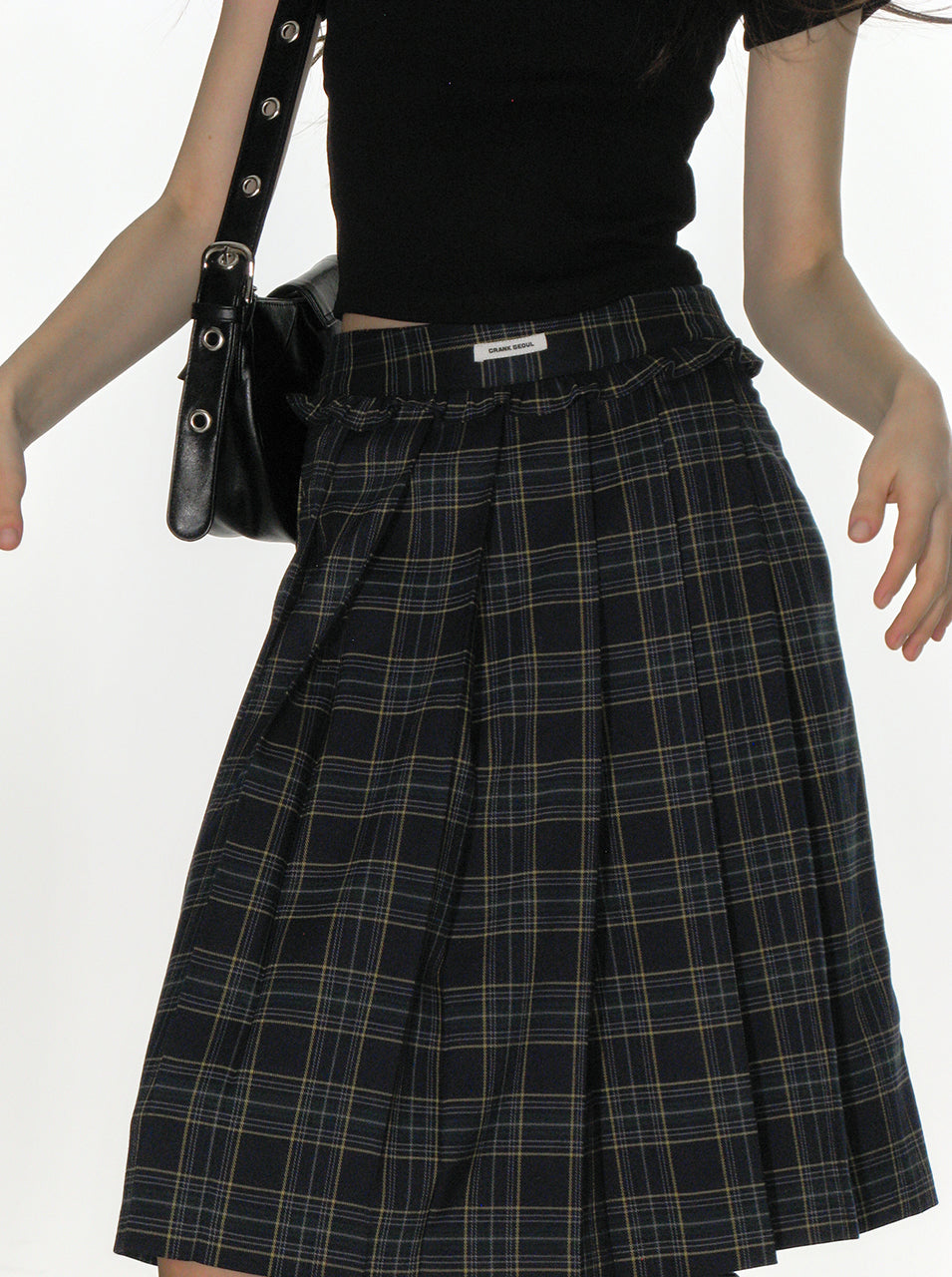 CRANK -  CHECK FRILL PLEATS MIDI SKIRT_NAVY