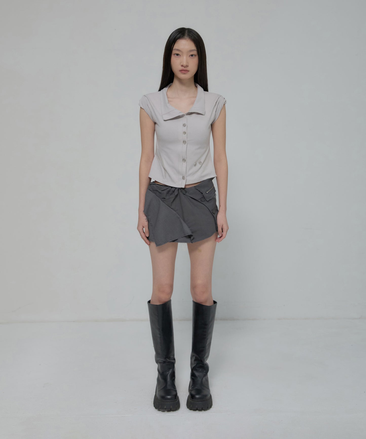 FLAREUP -  Asymmetrical Layered Mini Skirt  / Gray