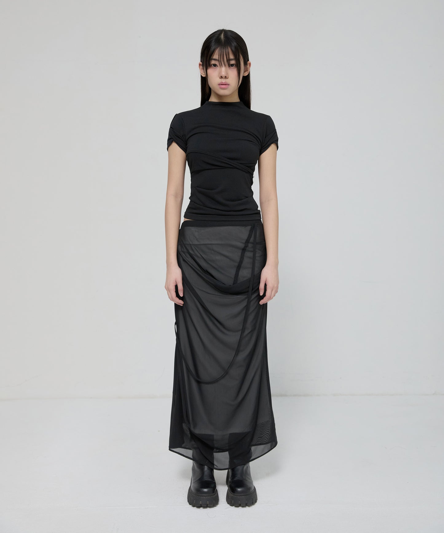 FLAREUP - Asymmetrical Draped Mock Neck T-Shirt / Black