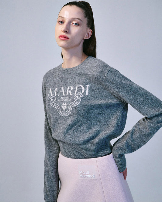 MARDI MERCREDI -  CASHMERE CROPPED CREW NECK ALUMNI CLASSIQUE_GREY WHITE