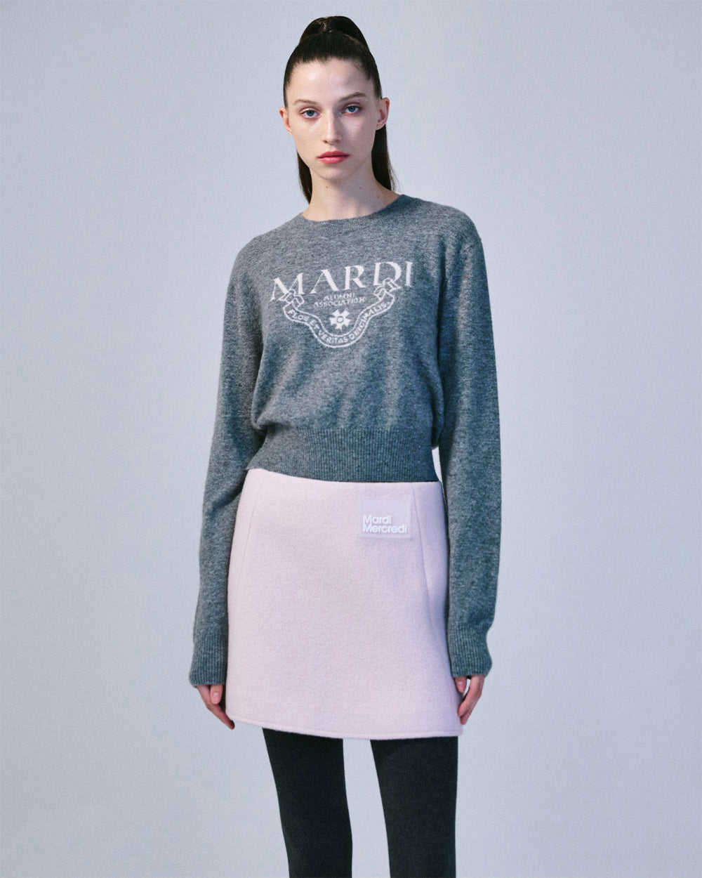 MARDI MERCREDI -  CASHMERE CROPPED CREW NECK ALUMNI CLASSIQUE_GREY WHITE